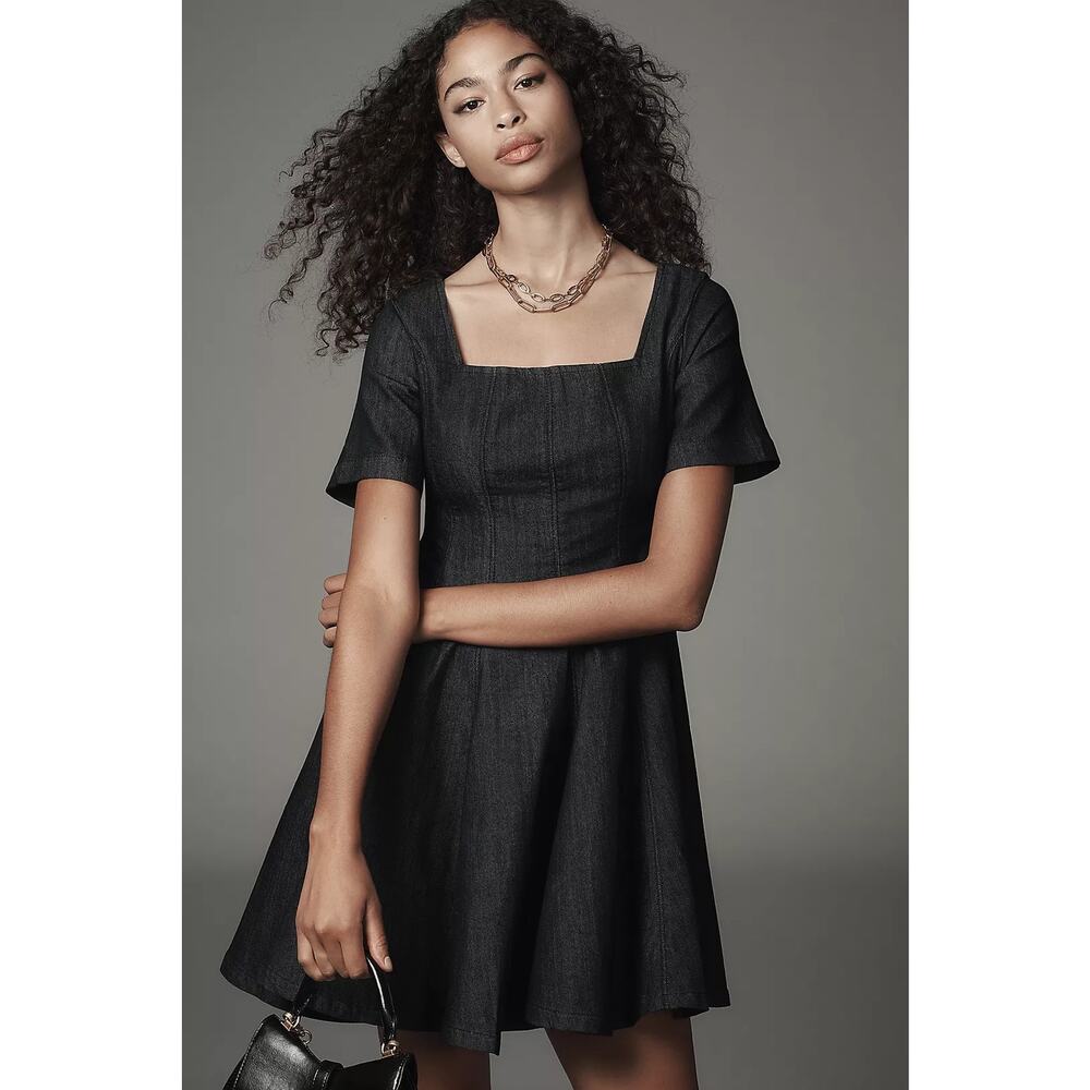 NWT Anthropologie Pilcro Short-Sleeve Square-Neck Denim Mini Dress $148 SMALL